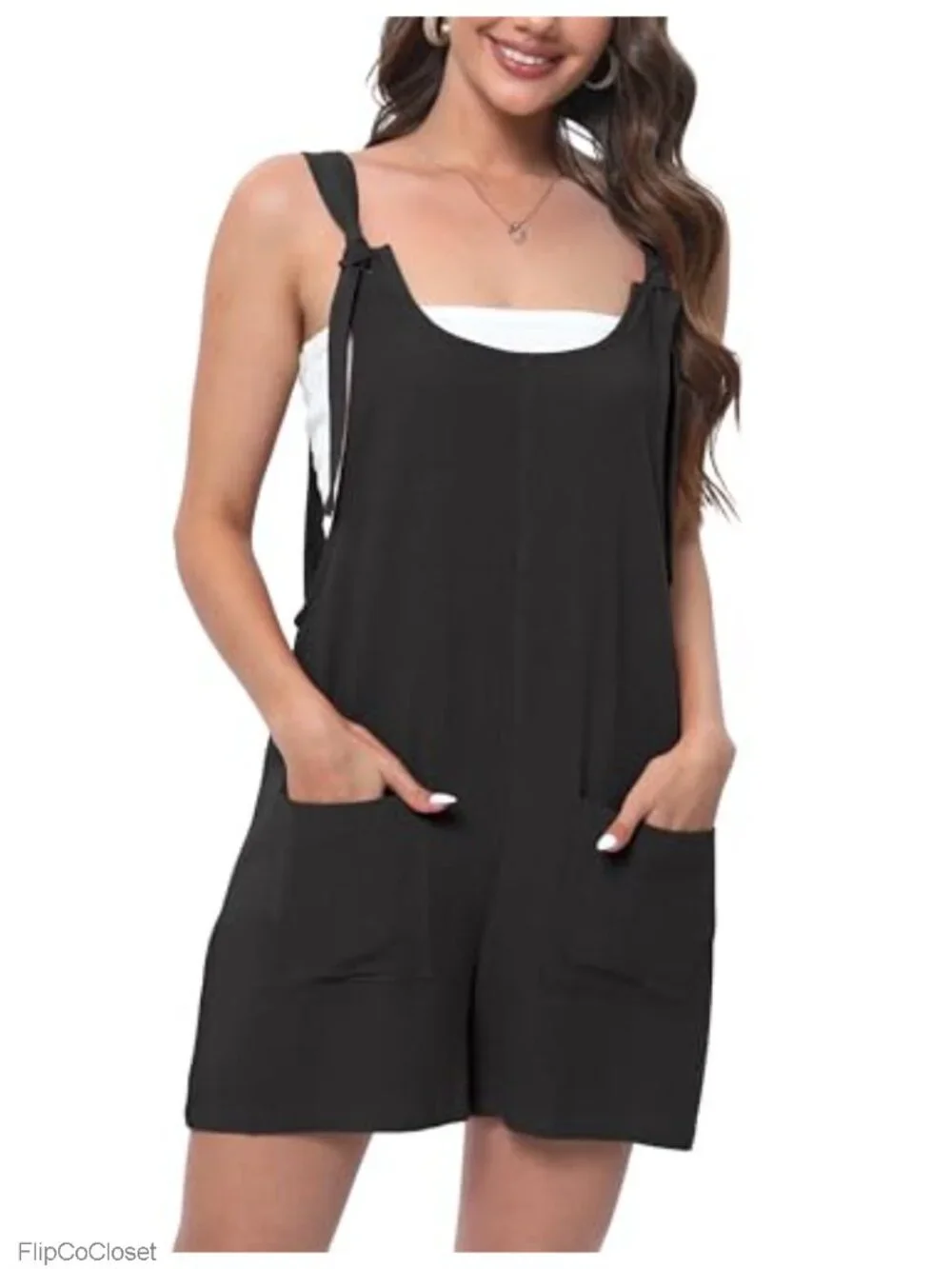 Linen Blend Wide Leg Shorts Jumpsuit Romper with Pockets Adjustable Straps